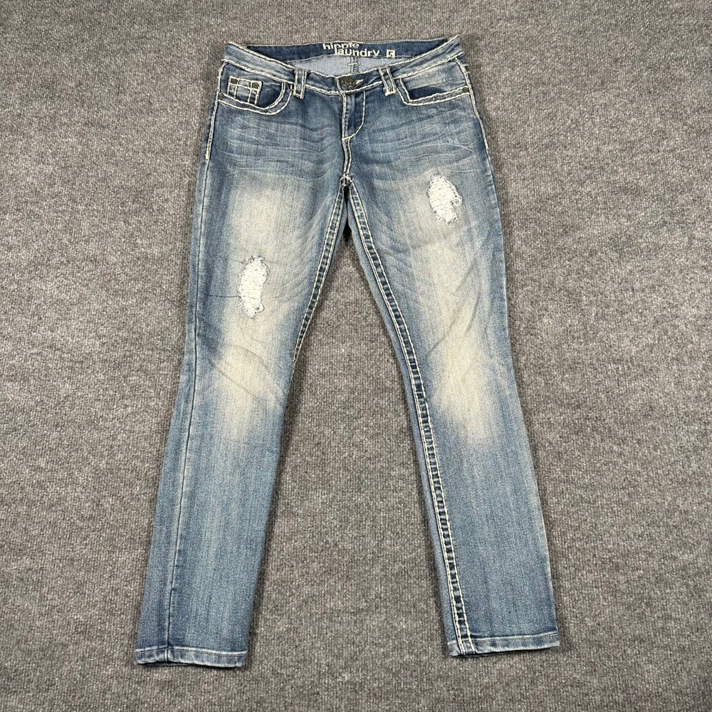 Hippie Laundry Jeans Womens Size 5 Blue Distressed Skinny Low Rise Thick Stitch